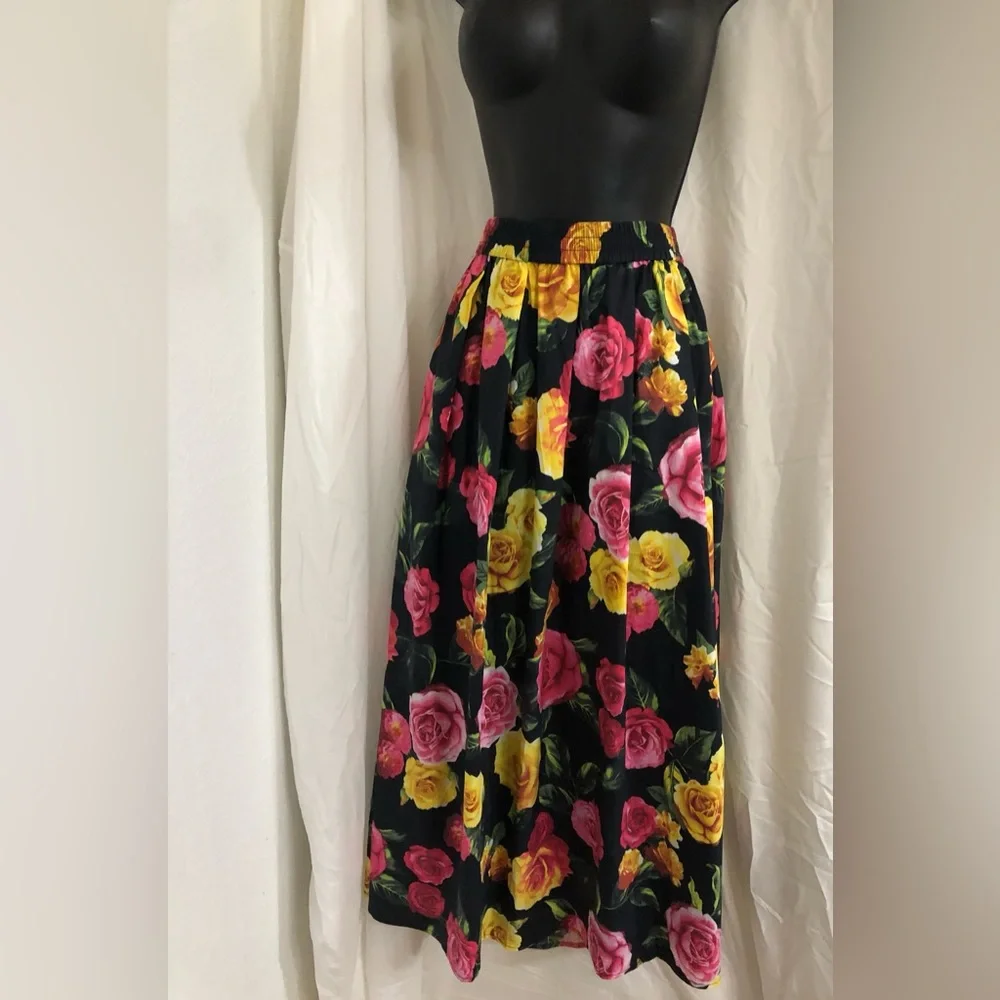 Joie black and yellow red pink roses print maxi cotton blend skirt size medium